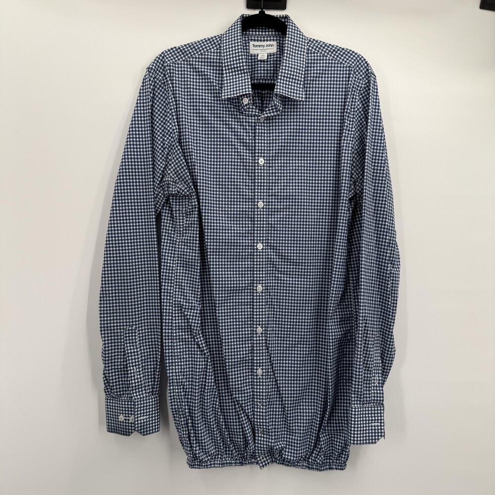 Tommy John Shirt‎ Mens 16.5 Slim Fit Blue White Gingham Check Stay-Tucked Dress